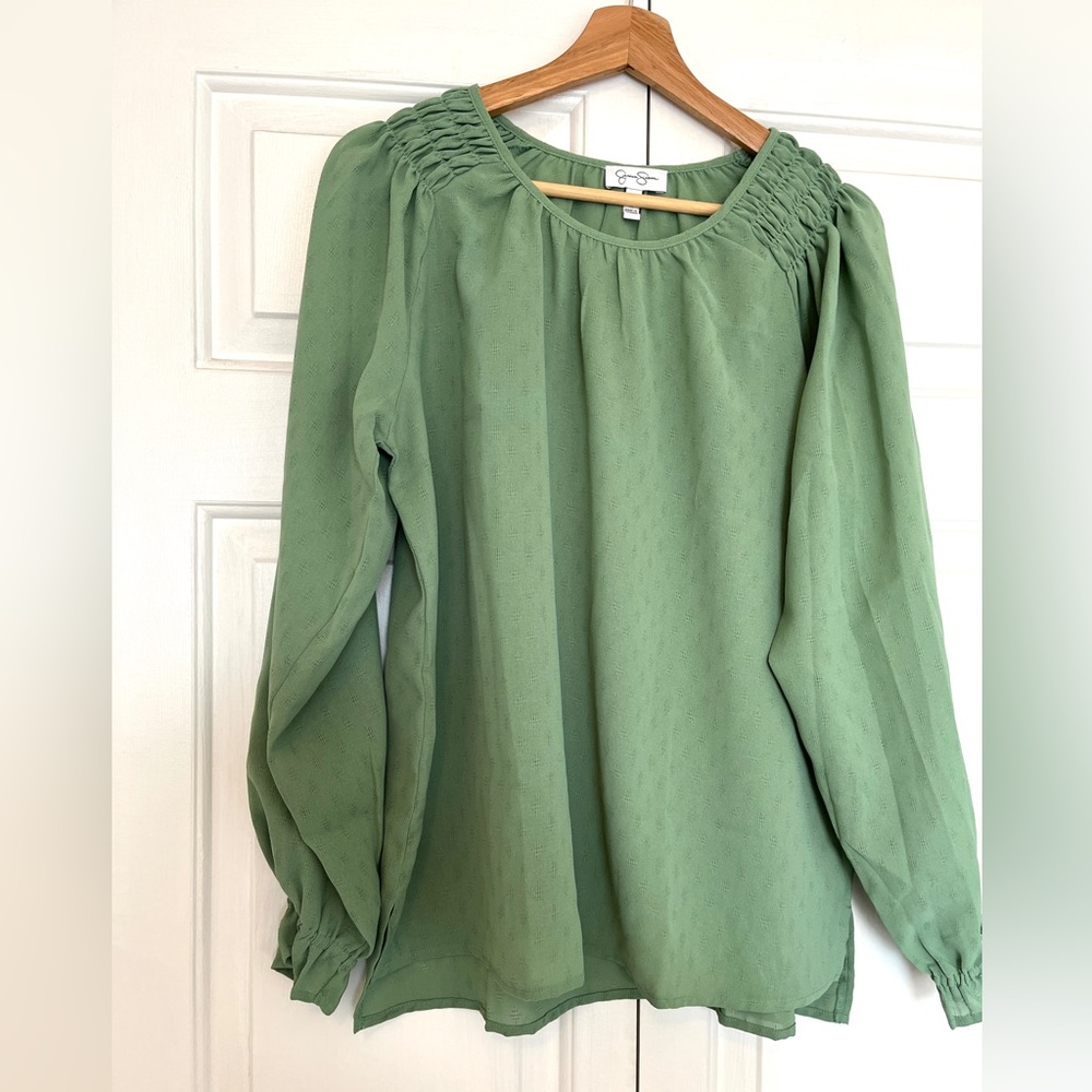 Jessica Simpson Sage Green Long-Sleeve Smocked Yoke Blouse